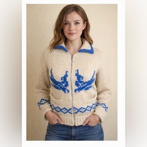 Handmade cowichan bird sweater cream and blue